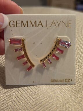 Gemma Layne Gold-Tone Pink Baguette CZ Ear Climbers